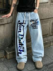 American Retro Von Letter Print Light Blue Jeans, High-Street Loose Straight Leg, Distressed Wash, Versatile Wide-Leg Pants For Everyday Commuting And Casual Wear. - 藍色 - 查看 2