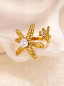 1pc Summer Ocean Style Double Starfish & Pearl Open Ring, 18K Gold Plated Stainless Steel Band, Vacation Versatile Accessory, Beach Trip & Daily Wear Gift - Yellow Gold - View 8