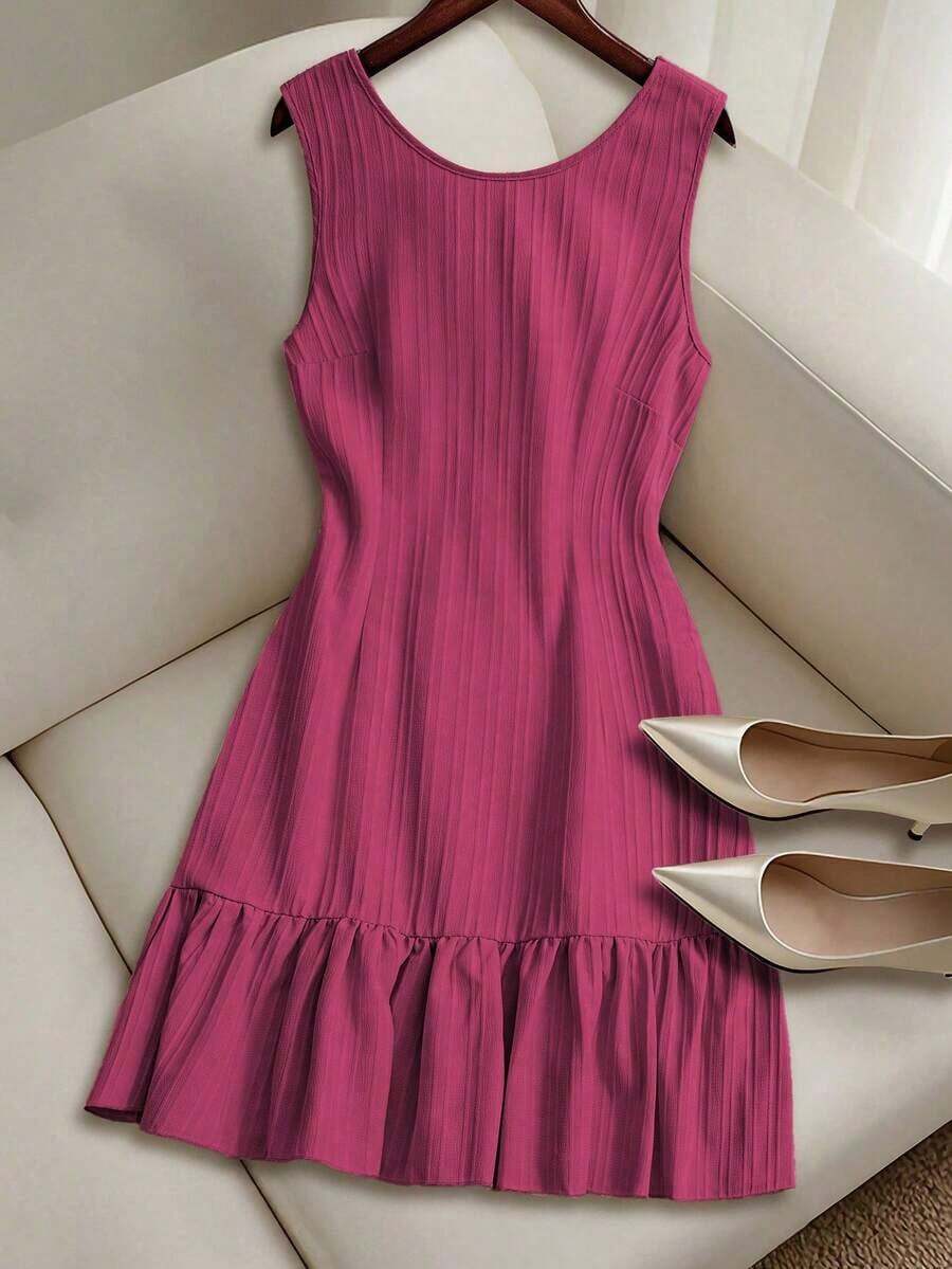 Vestido casual mini de mujer con tirantes de amarre, espalda descubierta, sin mangas, corte evasé y dobladillo con volantes - Rosa - Ver 1