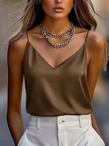 1 pieza Camiseta de satén sin mangas de verano para mujer, elegante top sin espalda de moda, adecuado para verano, citas por la noche, oficina, vacaciones, uso casual diario - Café oscuro - Ver 6