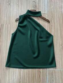 1 pieza Blusa elegante sin mangas de satén de unicolor con volantes asimétricos/asimétricos, adecuada para verano, vacaciones, oficina, hogar, uso diario, fiesta de cumpleaños, eventos formales y casuales - Verde - Ver 4