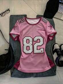 Camiseta holgada de manga corta con cuello redondo, estampado de rayas y letras en inglés de la Copa Mundial, en estilo minimalista casual y chic Y2K, para mujer - Multicolor 3 - Ver 7