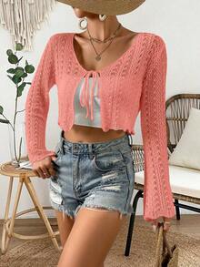 Cárdigan de punto calado de color liso casual para vacaciones - Rosado Sandía - Ver 7