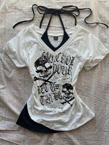 Camiseta de mujer casual de cuello en V retro, con atar, de manga corta y contraste de color, adecuada para el verano - Blanco 4 - Ver 7