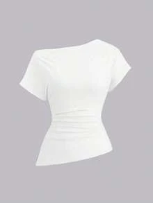 Camiseta de mujer de unicolor con pliegues, ajuste ceñido y hombro asimétrico de manga corta - Blanco - Ver 1