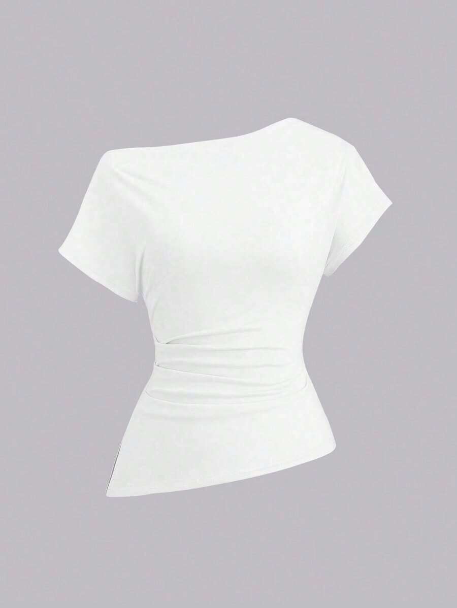 Camiseta de mujer de unicolor con pliegues, ajuste ceñido y hombro asimétrico de manga corta - Blanco - Ver 1