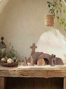 4/7pcs Wooden Easter Resurrection Scene & Cross Decor Set, Jesus Tomb Tray, Stable Scene Decoration, Suitable For Religious Places, Home Office Desk, Christian Gift, Home Figurine Decor, Easter Cemetery & Dining Table Decoration, Mother's Day Gift - A - View 4