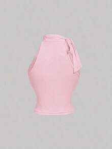 Blusa de halter de unicolor plisada, de uso versátil y casual para uso diario - Rosa Pálido - Ver 4