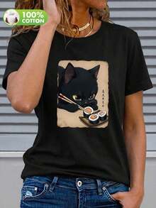 Women's T-Shirt With A Fun Cat Print, Cute And Unique Design, Humorous And Eye-Catching, Street Style, 100% Cotton, Short Sleeve Crew Neck, Plus Size Casual Wear, Retro T-Shirt, Spring/Summer Black - 2 - 查看 10