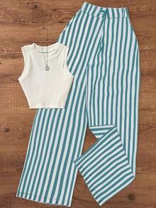 Conjunto de chaleco y pantalones a rayas casuales con cintura para mujer, adecuado para la oficina y el jardín, primavera/verano blanco elegante - verde menta - Ver 2
