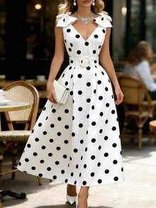 Vestido elegante de mujer con decoración de lazo a lunares para fiestas navideñas y de Año Nuevo - Negro - Ver 6