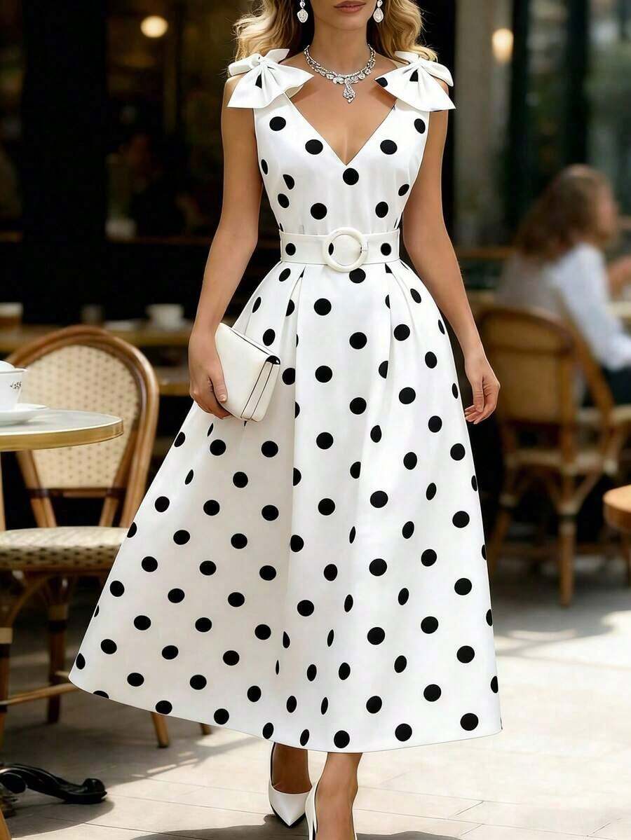 Vestido elegante de mujer con decoración de lazo a lunares para fiestas navideñas y de Año Nuevo - Blanco - Ver 1