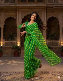 Estationeryhouse Chiffon Printed Saree With Single Stripe, Blosue Not Included - 綠/青檸綠 - 查看 2