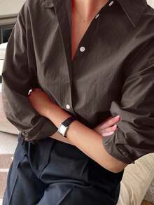 Camisa holgada de mujer de unicolor, de manga larga y de abotonadura sencilla - Óxido marrón - Ver 5