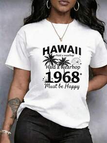 Women's Leopard Print T-Shirt Featuring A Palm Tree, Text, And Compass Rose. Short-Sleeved, Round Neck, Available In Plus Sizes. Pink, Retro Style, Stretchy Cut, Ideal For Casual Outings. Comfortable, Breathable, And Versatile. Round Neck Print For Casual Short-Sleeved Looks. - 白色 - 查看 11