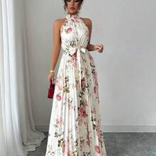 Elenzya Sleeveless Halter Waist A-Line Floral Print Elegant Romantic Dress For Women - Multicolor - Ver 4