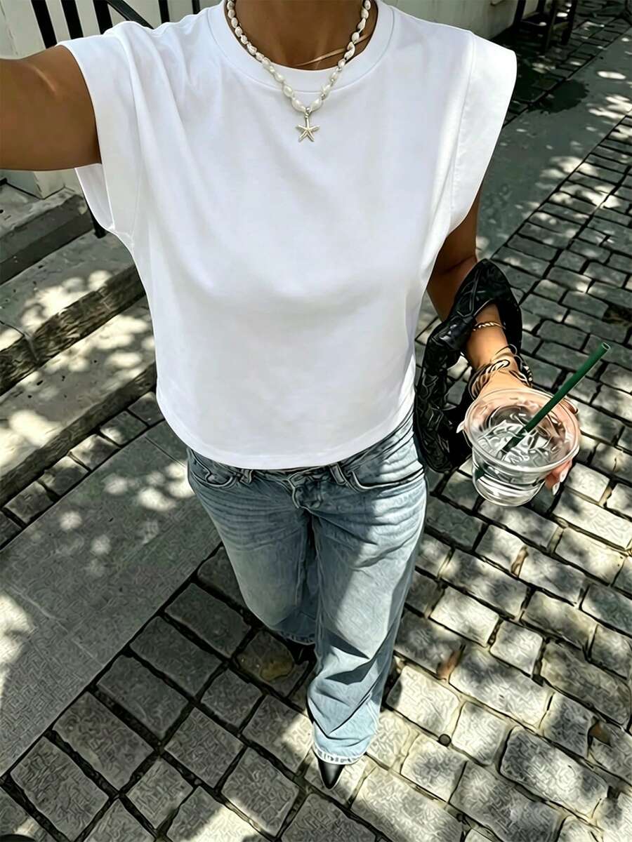 女士圆领短袖T恤，夏季新款时尚纯色宽松休闲百搭上衣，适合日常穿着 - 白色 - 查看 1