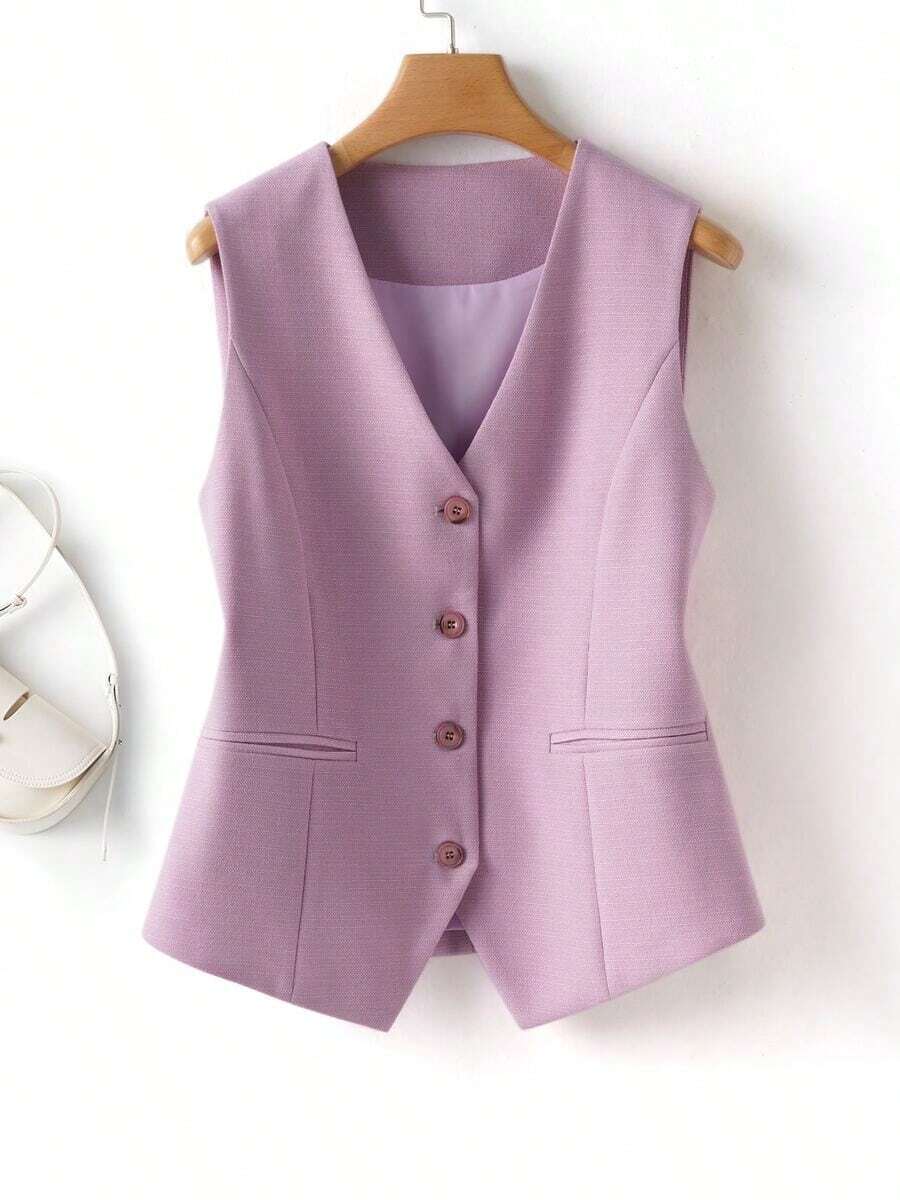 Chaleco liso para mujer, chaqueta de cuello en V, primavera/otoño, ropa de oficina de moda para verano - Púrpura malva - Ver 1