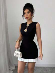 Raffinéa Vestido con hebilla de metal hueca y ribete de volantes para mujer - Blanco y Negro - Ver 5