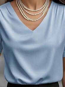 1 pieza Blusa de mujer de unicolor de satén con cuello en V y manga corta, elegante y de moda para uso diario, oficina, hogar, citas, primavera/verano, color negro casual - Celeste - Ver 3