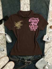 Camiseta de manga corta con media cremallera y estampado de letras casual para mujer, de verano - Café integral - Ver 7