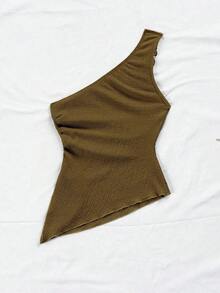 Camiseta de tirante único de punto jacquard texturizado de color beige para mujer, adecuada para fiesta, cita, Día de San Valentín, Pascua, carnaval, té de la tarde, playa, crucero, vacaciones en la ciudad - Marrón 3 - Ver 2