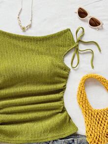 Blusa de punto con textura de burbujas de color albaricoque, cuello asimétrico con lazo en la cintura, ajuste ceñido, adecuada para fiesta, cita, paseo por la ciudad, viaje por carretera, playa de verano - Verde Oliva - Ver 7
