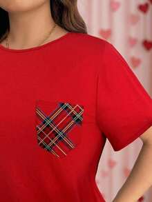 Camiseta casual de talla grande con bolsillo y rayas de contraste, prenda de vestir occidental estilo boho bohemio, top de festival de los 90, verano y primavera - Rojo 2 - Ver 5