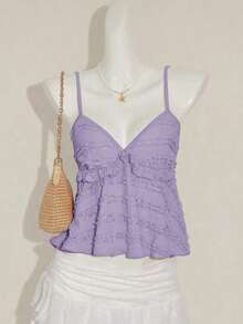 Blusa de tirantes de mujer con volantes de tela texturizada de unicolor para el verano y vacaciones - Púrpura malva - Ver 11