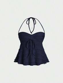 Tops halter con cordón en el busto de color sólido, estilo Y2K para mujeres - Azul marino - Ver 6
