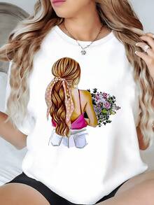 Girl With Long Golden Hair Held By A Pink Polka Dot Ribbon, Reflecting Sweetness, Holding A Bouquet Of Fresh Flowers Symbolizing Youth, Tranquility, And Beauty. Comfortable Casual Women's T-Shirt For Everyday Wear. - 白色 - 查看 8