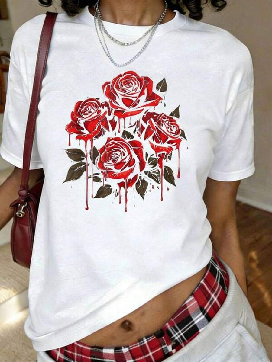 Camiseta con estampado de rosa roja gótica, flor goth con rosa goteando, parascua y padres, de manga corta, cuello redondo, casual, para verano y primavera, ropa de mujer talla grande