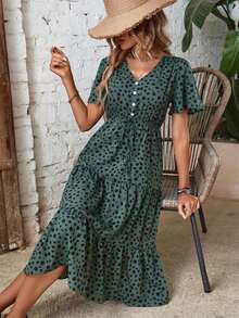 Vestido largo de mujer con estampado de dálmata, drapeado frontal y volante en el bajo - Verde Oscuro - Ver 5