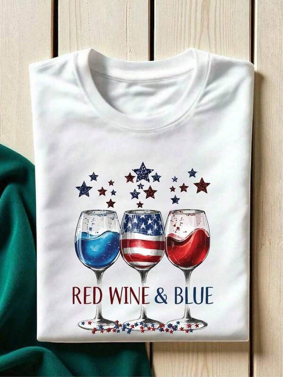 Red Wine And Blue Shirt, 4th Of July Wine Tee, American Flag Wine Gl, Patriotic Gift, American Drink T-Shirt, Wine Lover Outfit, Memorial DaH-73 - 白色 - 查看 1