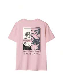 Nueva camiseta de verano para mujer, estilo casual con estampado de eslogan, corte holgado, cuello redondo, mangas cortas color albaricoque.Top moderno para uso diario y vacaciones, rosa - rosa caramelo - Ver 3