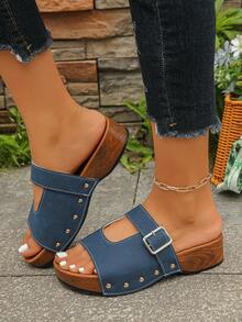 2026 Summer New Vintage Distressed Faux Wood Grain Brown Thick Sole Casual Sandals, Rivet Decor Outdoor Fashion Platform Wedge Slippers, Matte Comfortable High Heel Slides For Daily, Vacation Wear - Blue Matte Finish - Open Front - View 5