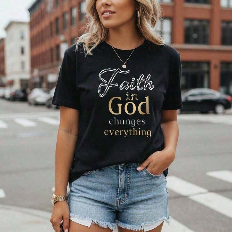 Women's Summer Sets, Cotton T-Shirt With "Faith In God" Letter Print, Casual Short Sleeve Round Neck Top, Loose Fit Religious Graphic T-Shirt, Sizes S-5XL, Soft And Breathable Basic T-Shirt For Everyday Wear, Christian Inspirational Clothing, Women's Spring Sets, 100% Cotton. - 黑色 - 查看 1