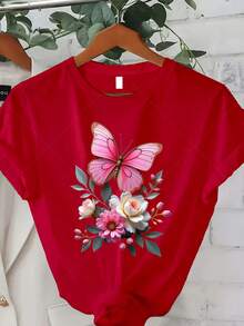 Ropa clásica de talla grande para mujer, camiseta con estampado de mariposas rosas - top casual de manga corta y cuello redondo, adecuada para primavera, verano y otoño, con patrones florales y de alas aleatorios, lavable a máquina, un hermoso regalo para Navidad, Acción de Gracias y Año Nuevo (Éxito de ). - Rojo - Ver 7