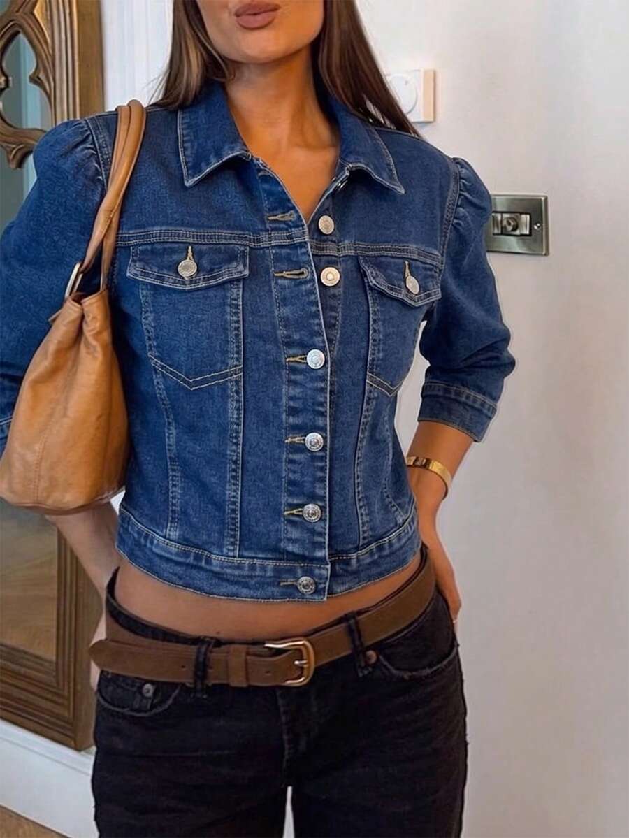 Áo khoác denim dài tay nữ, cài một hàng cúc, kiểu dáng thường ngày, đa năng. - Rửa trung bình - Xem 1