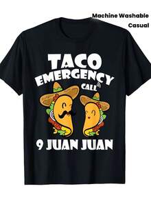 Limited Edition Taco Emergency Call 9 Juan Juan Cinco De Mayo T-Shirt, 100% Cotton, Sporty Style, Round Neck, Long Sleeves, Short Cut, Asymmetrical Hem, Solid Color, Regular Fit, Washable, Suitable For All Seasons - 220g Lightweight Cotton - 黑色 - 查看 8