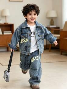 2pcs/Set Boys Casual Denim Jacket And Jeans Outfit Set, Loose Fit Suitable For Daily, School, Outdoor Wear, Autumn - Baby Blue - View 2