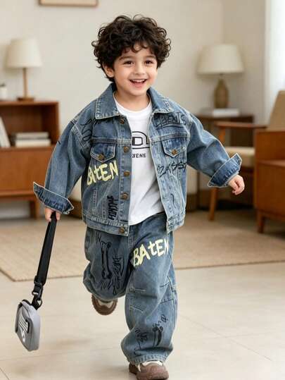 2pcs/Set Setelan Jaket Denim dan Celana Jeans Kasual Anak Laki-laki, Potongan Longgar Cocok untuk Sehari-hari, Sekolah, Aktivitas Luar Ruangan, Musim Gugur