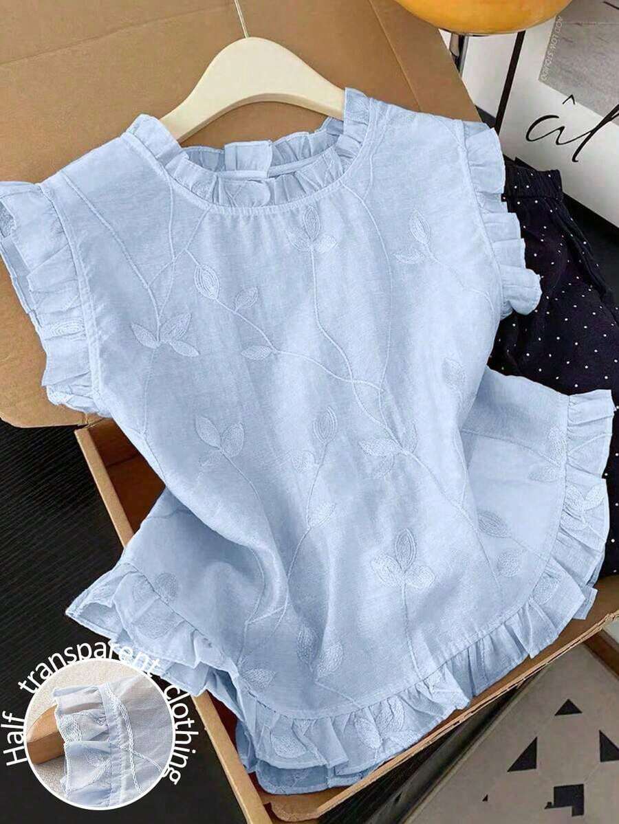 Women's Sleeveless Shirt With Embroidery And Ruffles - Celeste - View 1