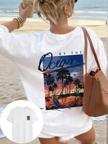 Women's Cotton T-Shirts 1 Piece, Loose Fit T-Shirt With Palm Tree And Ocean Sunset Print, Soft And Breathable Casual Top, Short Sleeve Beach Boho Style T-Shirt, Suitable For Summer Vacation, Beach Trips, Bonfire Parties And Tropical Resorts, Black Color, 100% Cotton, Women's Clothing, Top For Daily Wear At Home. - 白色 - 查看 8