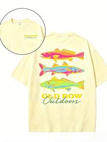 Men's Casual Summer Washed Cotton T-Shirt Old Row Outdoor Fish Print, Round Neck Short Sleeve Lightweight Knitted Fabric, Rib Details 100% Cotton - 純棉米色 - 查看 14