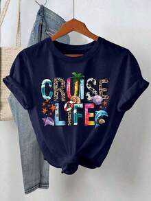 1 Piece Of Summer T-Shirt For Mother's Day, For Women, With "Cruise Life" And "Summer Vibe" Letter Print, Short Sleeve, Round Neck, Loose And Comfortable, Summer Clothing, Easter, 180g, 100% Cotton, All Designs Are Printed. Unisex. - 黑色 3 - 查看 1