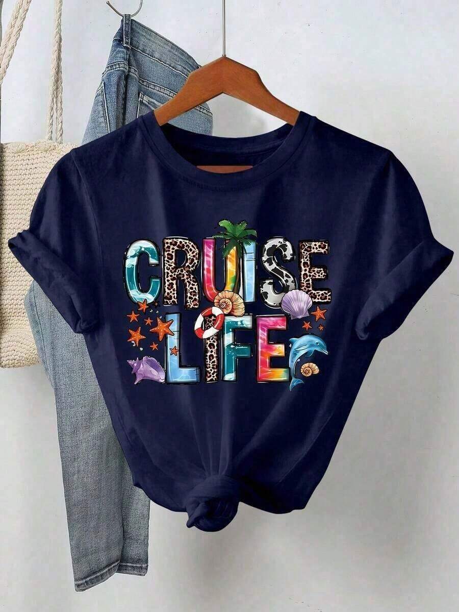 1 Piece Of Summer T-Shirt For Mother's Day, For Women, With "Cruise Life" And "Summer Vibe" Letter Print, Short Sleeve, Round Neck, Loose And Comfortable, Summer Clothing, Easter, 180g, 100% Cotton, All Designs Are Printed. Unisex. - 黑色 3 - 查看 1