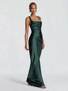 Vestidos elegantes Glamrae - Vestido de satén elegante con cintura ajustada y cordones, vestido largo para fiesta de Halloween, vestido formal de cóctel para banquete, vestido de fiesta de Navidad, vestido de boda de San Valentín, Vestidos Elitara - Verde oscuro - Ver 3