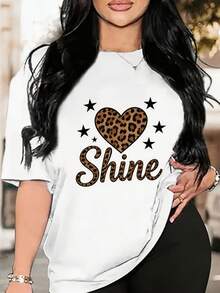 PremiumCamiseta de mujer con cuello redondo y estampado brillante de corazón con estampado de leopardo, adecuada para citas de verano, oficina en casa y uso en cafeterías, con patrones de estilo anime, ideal para el Día de la Madre, Pascua y diversas festividades. Nueva llegada - Blanco - Ver 1