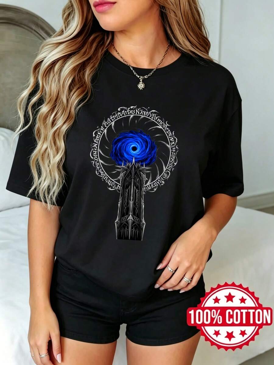Camiseta negra de manga corta con cuello redondo y estampado para dama, verano Círculo de Texto de la Torre del Ojo Azul S-3XL moda 100% aodón material